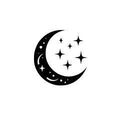 Black Crescent Moon and Stars Logo Icon, Minimalist Night Design