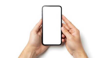 Hands holding mobile phone with a blank white screen for app presentation