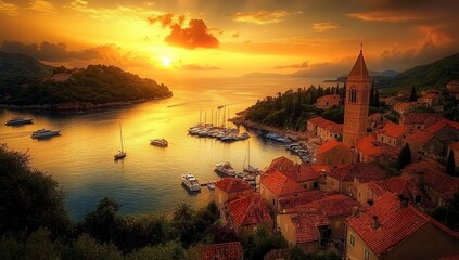 Fototapeta premium Golden Sunset over Coastal Town