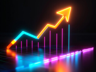 3D render of a vibrant neon arrow indicating an upward trend, positioned above a dynamic graph line with glowing elements and a futuristic design.