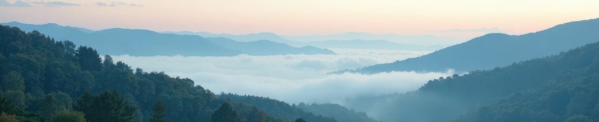 Fototapeta premium Misty fog gently settles on a serene landscape, misty, fog