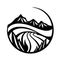 Serene Mountain Landscape in a Circle, Vector Design