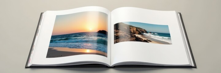 Modern open vertical photo album mockup with customized page layouts, art, decoration
