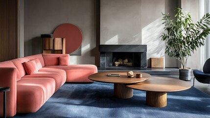 Modern Living Room Interior Design with Pink Sofa and Wooden Coffee Table