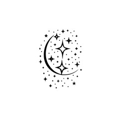 Celestial Moon and Starry Night Illustration, Black & White Vector Design