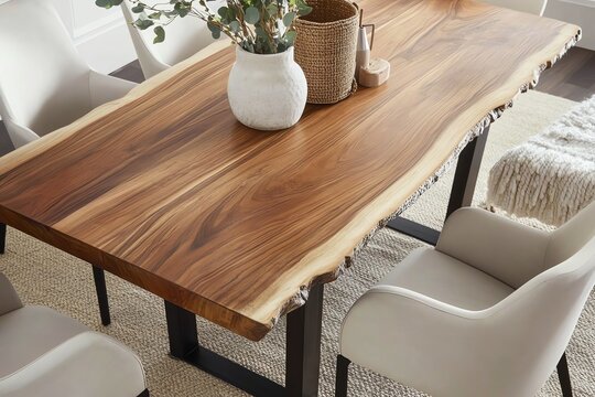 Live Edge Wood Dining Table with White Chairs and Modern Decor