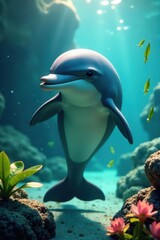 Naklejka premium Happy dolphin playing with seaweed, underwater, marine