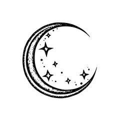Hand-Drawn Moon & Stars Illustration, Black and White, Celestial Design