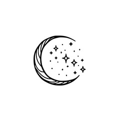 Crescent Moon & Stars Line Art, Minimalist Celestial Design