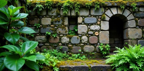 Moss and ferns growing on weathered stone walls , ferns, earthy