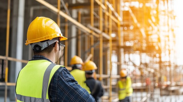 A scaffolder assembling scaffolding at a construction site. Featuring safety and teamwork