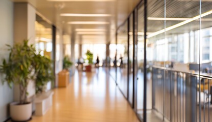 Modern office hallway with glass walls and natural light.