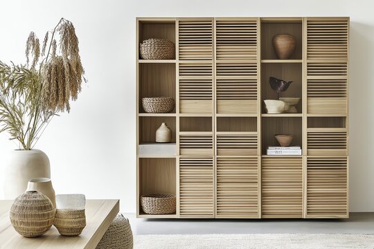 Modern Wooden Shelving Unit with Decorative Objects for Interior Design