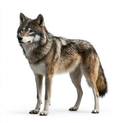Portrait of a wolf, standing alert and majestic against a clean background. The focus is sharp, capturing every detail of its fur.
