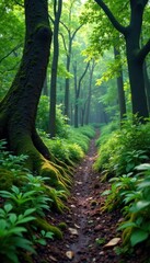 Obraz premium Muddy forest path with mossy trees and ferns, foliage, grunge style