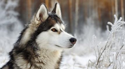 Fototapeta premium A powerful Siberian Husky sled dog, eyes intense, fur thick and white, straining at its harness - Harness Running Energy Ice portrait