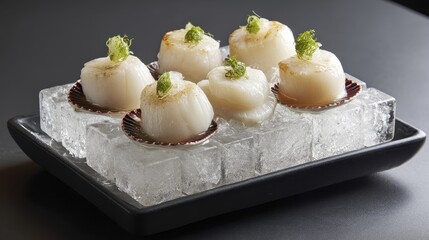 Delicate, snow-white scallops arranged on a bed of crushed ice, highlighting their pristine quality - food display ice vibrant