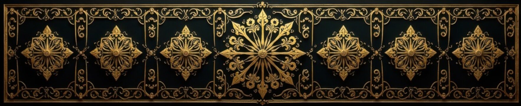Intricate gold filigree with black and gold geometric patterns, design, luxury, opulence