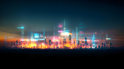 Futuristic City Skyline at Sunset With Digital Illumination