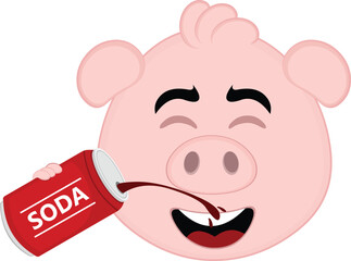 vector illustration emoji character face pig cartoon, drinking a can of soda cola