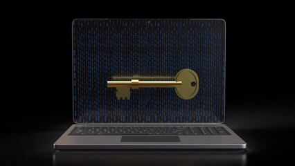 The Gold key on notebook for security technology concept 3d Rendering.