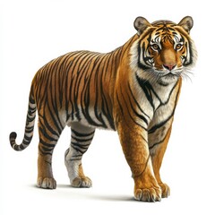 Obraz premium An imposing tiger with vivid orange fur and bold black stripes stands tall, embodying strength and majesty in a striking portrait.