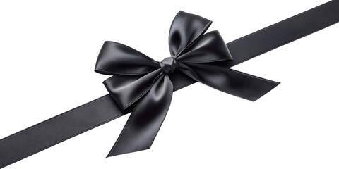Large black bow on the left side of a straight ribbon, isolated on a transparent background - ideal for banners or frames Easter, Christmas, birthdays, gifts, Valentine's Day