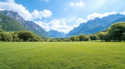 Naklejka premium Lush green meadow, mountains, and a vibrant sky