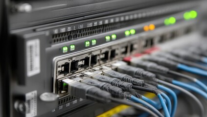 Close-up of server network cables connected in a data center.