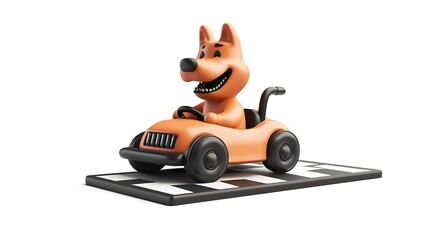 Obraz premium Playful Cartoon Dog in Orange Go-Kart Ready for Racing Adventure on Checkered Mat
