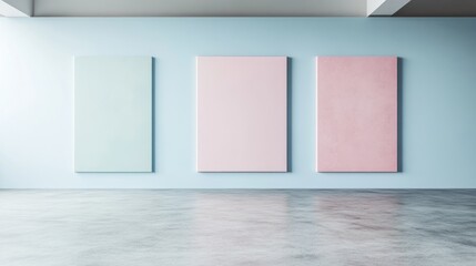 Empty gallery space with pastel colored canvases.