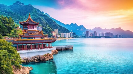 Obraz premium Coastal Temple Sunset, China, Tourism