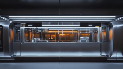 Obraz premium A modern, sleek train station interior with a service counter and ambient lighting.