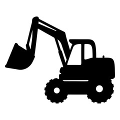A silhouette illustration of an excavator construction vehicle in black on white