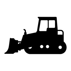 Silhouette of a black bulldozer, heavy construction equipment, isolated on white