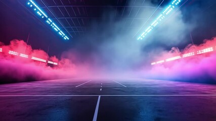 Vibrant and dynamic indoor arena scene with colorful lights and fog creates spacious, energetic atmosphere, enhancing dramatic visual appeal for events and competitions.