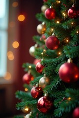 Obraz premium Ornate Christmas tree covered in colorful ornaments and glowing lights, blurred shine effect, twinkling lights, tree with decorations