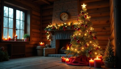 Ornate Christmas tree in a rustic wooden room surrounded by candles and fairy lights, ornate tree, wooden furniture, winter retreat