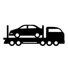 Flatbed truck carrying a sedan automobile in black and white outline