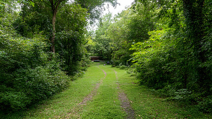 Fototapeta premium Forest Path Winding Through Lush Green Trees