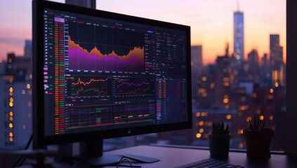 Financial data displayed on a monitor, cityscape view.  Detailed stock market graphs and charts,  illuminated by a vibrant sunset over a bustling city