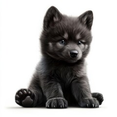 Obraz premium A charming digital portrait of a black wolf cub with endearing eyes, set against a pristine white backdrop, capturing its playful demeanor.