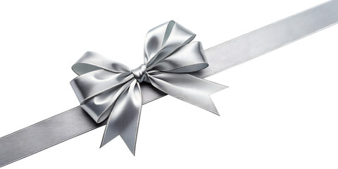 Large silver bow on the left side of a straight ribbon, isolated on a transparent background - ideal for banners or frames Easter, Christmas, birthdays, gifts, Valentine's Day