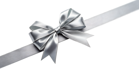 Large silver bow on the left side of a straight ribbon, isolated on a transparent background - ideal for banners or frames Easter, Christmas, birthdays, gifts, Valentine's Day