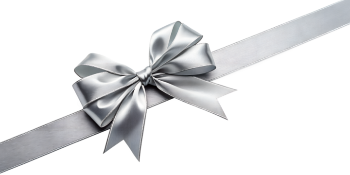Large silver bow on the left side of a straight ribbon, isolated on a transparent background - ideal for banners or frames Easter, Christmas, birthdays, gifts, Valentine's Day