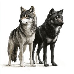Obraz premium Two wolves, one gray and one black, stand side-by-side, looking off into the distance. Their fur is detailed, and their eyes are bright.