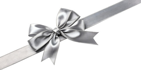 Large silver bow on the left side of a straight ribbon, isolated on a transparent background - ideal for banners or frames Easter, Christmas, birthdays, gifts, Valentine's Day