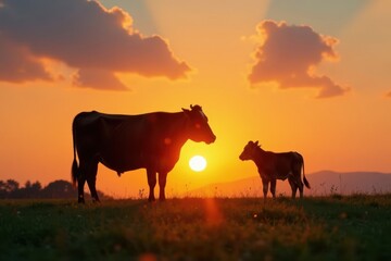 Naklejka premium Pair of cow and calf silhouette on green grass at sunset, cows, calf