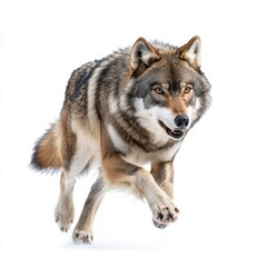 Obraz premium A wolf on the run, a wild animal isolated on a white background with a predatory look, the wolf is running and appears fierce.