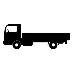 Stylized black silhouette illustration of a flatbed truck with two axles